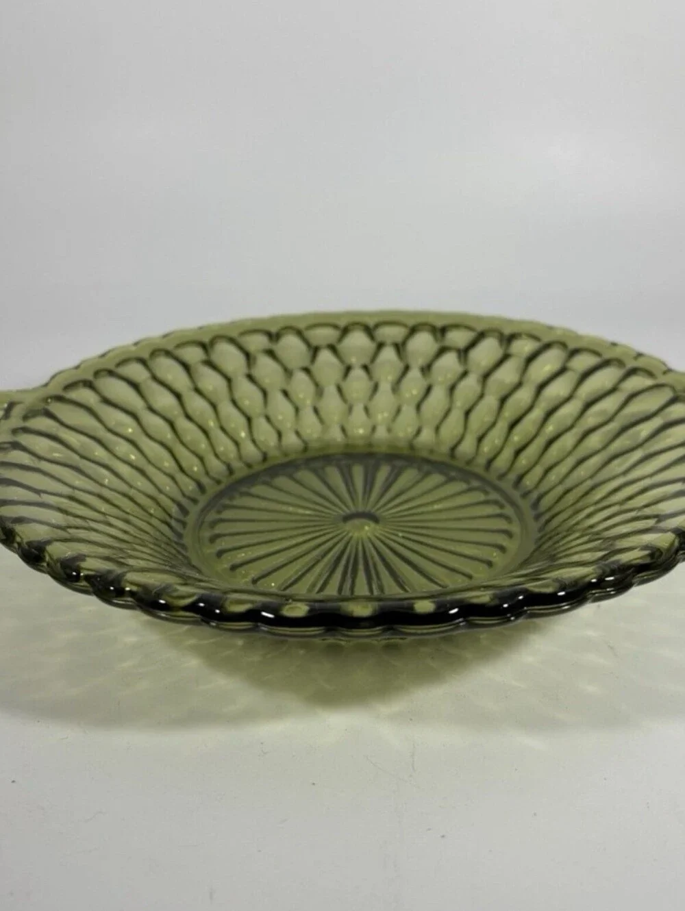 Vintage Green Glass Candy Bowl Dish with Double Handle Honeycomb Pattern